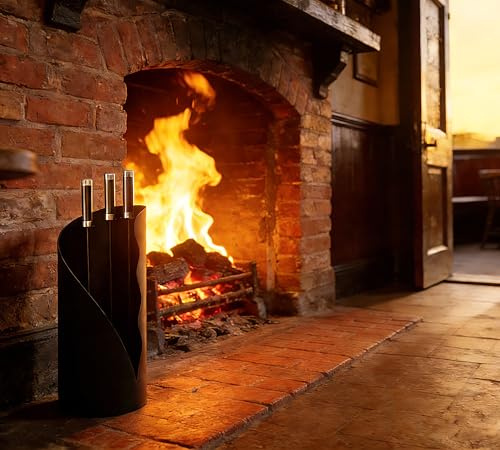 Kingson Fireplace Companion Set 4-Piece – Modern Fireside Tool Set with Brush, Shovel & Poker – Round Floor-Standing Holder – 52.5cm Tall – Mixed Handle