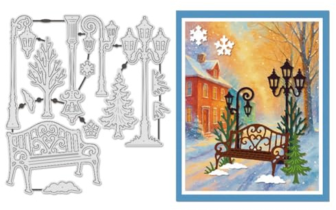 UNICRAFTALE Metall Stanzformen Winterstraße Gestanzte Prägeschablonen Langlebige Stanzformen Für Kartenherstellung Papierbasteln Bilderrahmen Dekor DIY Scrapbooking 18x12cm