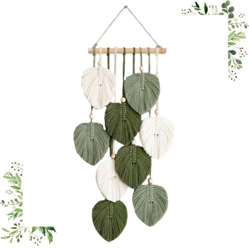 Wandbehang Boho Deko, 55x25 CM Wandteppich Boho Style mit Holzperlen und Grün Blätter, Tapisserie Wanddeko Handgemacht, Makramee Wandteppich für Schlafzimmer Wohnzimmer Kinderzimmer Wanddeko Geschenke