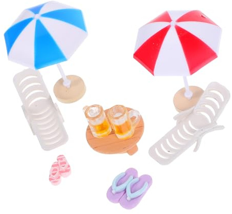 TOYANDONA 9-teiliges Miniatur Strand Deko Set - 1:12 Puppenhaus Zubehör mit Liegestuhl, Sonnenschirm, Tisch & Bierkrügen - Maritime Dekoration für Feengarten, Torte, Aquarium, Micro Landschaft