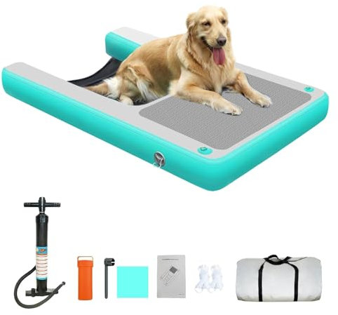 WUCIOA Rampe d'eau Gonflable pour Chien, 150 cm (L) x 99 cm (l), avec échelle, Sac à Main, Pompe Manuelle, Charge maximale 50 kg, Plateforme Gonflable pour Piscine et lac(Green)