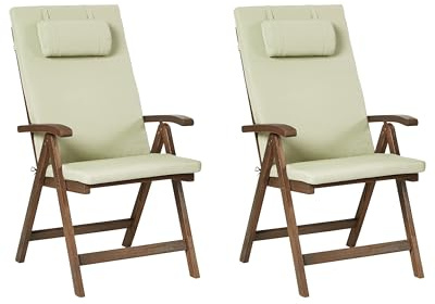 Beliani Set of 2 Rustic Garden Chairs Natural Acacia Wood Adjustable Foldable with Armrests Green Cushions Amantea Premium
