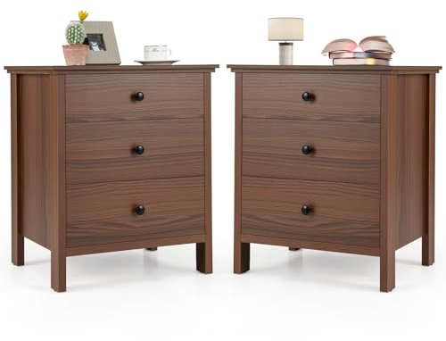 RELAX4LIFE Table de Chevet à 3 Tiroirs en Bois, Table de Nuit Elégante avec Large Plateau 3 Tiroirs, Peu Encombrante pour Salon, Chambre, Bureau, Noyer (2,Noyer)