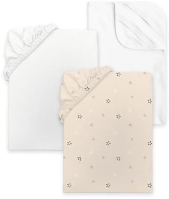 Herding babybest Spannbettlaken-Set, Teddy Bär, 3-teilig, 2X Spannbettlaken, 1x Matratzenschoner (100% wasserdicht), Für Kinderwagen und Wiege, ca. 35x75 cm