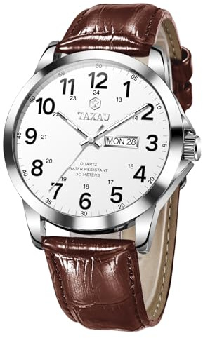 Taxau Mens Watches Leather Strap Men's Wrist Watches Waterproof Watch for Men Big Face Analog Quartz Dress Watch with Day Date
