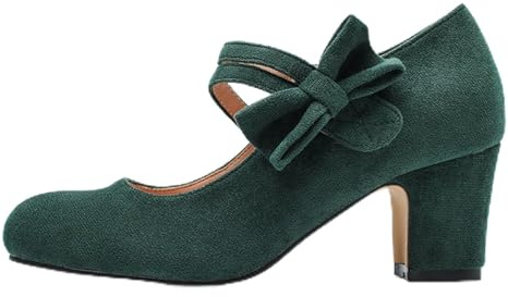 Pumps Women's Bowknot Mary Jane Shoes Heel Shoes Retro Heels Vintage Faux Suede Shoes Closed Round Toe Pumps Dirndl Shoes Office Comfortable Wedding Shoes, dark green, 5 UK