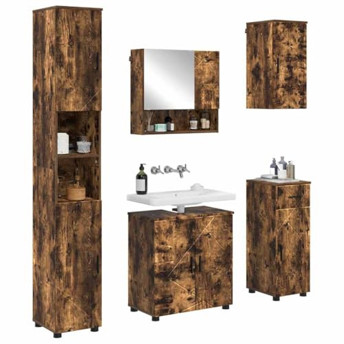 vidaXL Bathroom Furniture Set 5 pcs Smoked Oak Engineered wood & Metal, Modern Bathroom Cabinets, Chic Storage Solution, Wall-Mounted Set, Engineered Wood Furniture for Stylish Organization