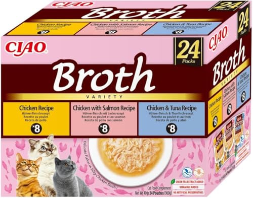 INABA Ciao Broth, Nassfutter für Katzen Huhnerfleisch Thunfisch, 24x40g | Geschmacksvielfalt, Getreidefrei, Zuckerfrei, Kalorienarm, hoher Feuchtigkeitsgehalt, Hochwertige Zutaten, Katzen Leckerlis