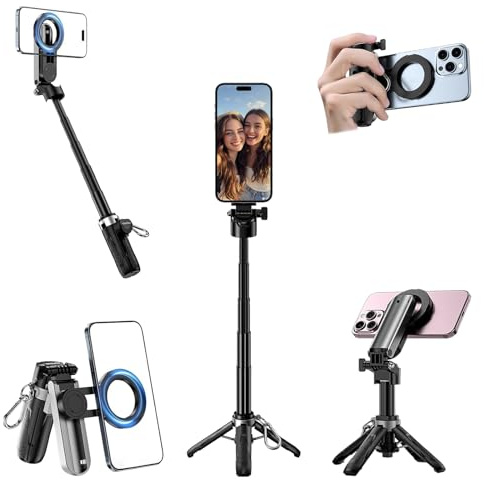 4 in 1 Selfie Stick Magnetisch, Selfie Stick für iPhone 17/16/15/14/Samusng | Multifunktionales Selfie-Stick Stativ, Ein-Klick-Öffnung, 360° Stativ, Bluetooth Fernbedienung,Selfie-Stick MagSafe für Vlog