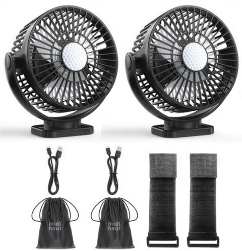 Minthouz 2 Pack 12000mAh USB Desk Fan, 3 Speeds Rechargeable Fan | 5.5 Magnetic Cruise Ship Approved Fan, Max 36 Hrs, LED Lantern, 360° Rotatable Fan for Travel Camping Golf Cart Outdoor