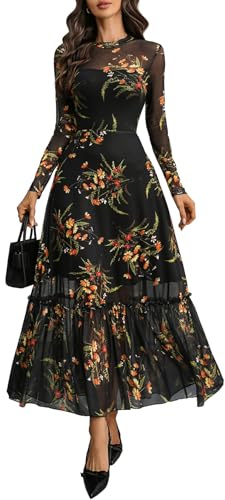 GothDark Women's 2026 Floral Long Sleeve Round Neck A-Line Casual Dress | Stretch Fabric, Round Neck, Sheer Long Sleeves, Cinched Waist and Ruffled Hem for Parties, Wedding guest and Casual dress