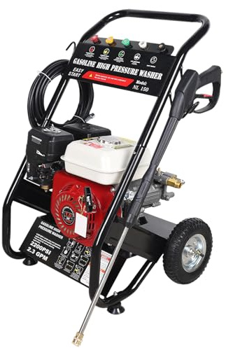 4-Stroke 7.5HP Petrol Pressure Washer, 2200PSI Professional Cleaning Machine, Car and Patio Cleaner with 5 Selectable Nozzles, Extension Rod and Hose, Hand Pull Start