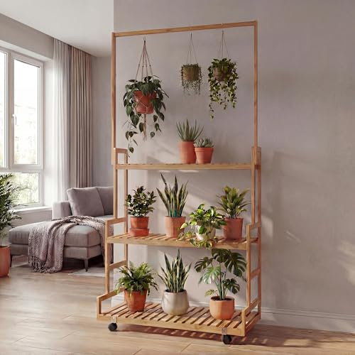 Mendler Bambus Pflanzenregal HWC-Q33 175x93x38cm - Natur | Blumentreppe, Blumenständer, Pflanzentreppe, Stange, 3 Ablagen, Rollen