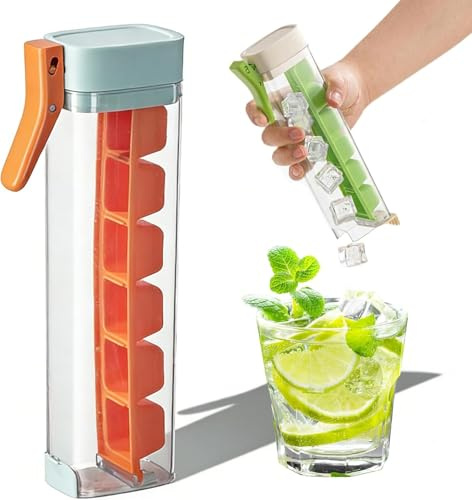 One Glass Ice Maker, Press Type Ice Cube Tray with Lid, Easy Release Silicone Ice Molds for Cocktails, Coffee & Water Bottles, Space Saving Cylinder Design, 6 Cubes per Press (Orange)