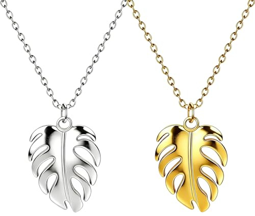 JKJF 2 Pieces Monstera Leaf Pendant Necklace Stainless Steel Monstera Leaf Pendant Chain Necklace for Women Ladies - Silver Golden