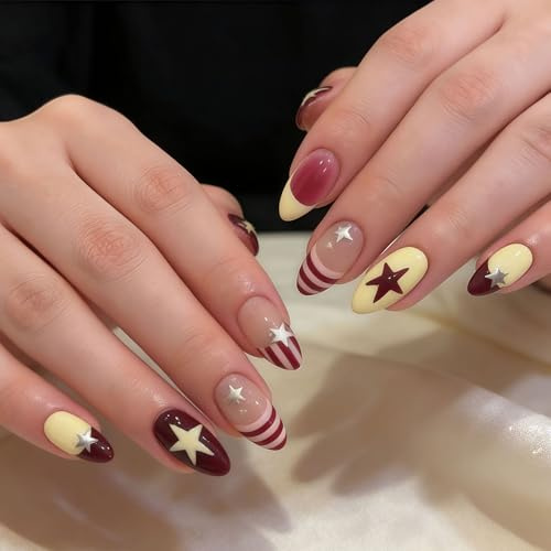 Higijapuf 24 Pcs Press On Nails, Medium Almond Fake Nails, Star Striped Y2K Stick On Nails For Women, Full Cover Glue On Nails, False Nails With Gel Tabs For Home Manicure
