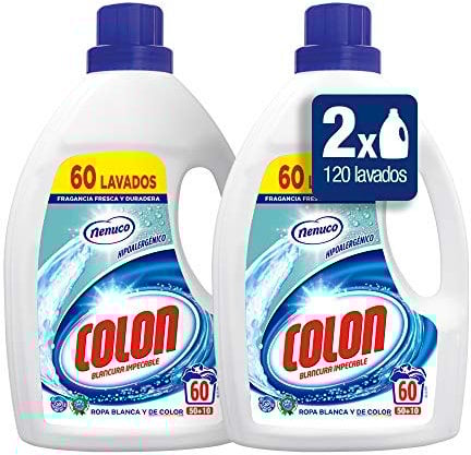 Colon Detergente para Ropa Líquido Fragancia Nenuco Hipoalergénico - Pack de 2 botellas de 60, 120 lavados, 120 Dosis