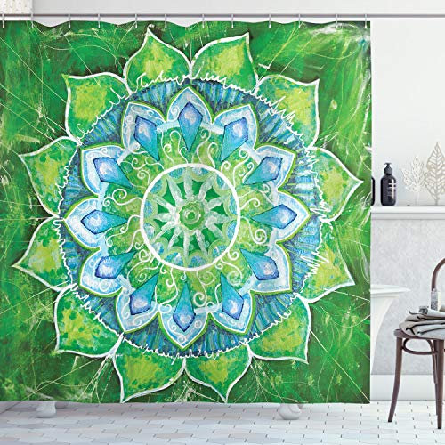 ABAKUHAUS Mandala Duschvorhang, Blattformen der Natur, Stoffliches Gewebe Badezimmerdekorationsset mit Haken, 175 x 180 cm, Blau Grün