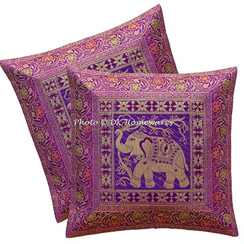 DK Homewares Indisch Couch Kissen Bezüge 40x40 cm Brokat Lila Brokat Jacquard Kissenbezüge Boho Style Reißverschluss Elefant Quadrat Kissenhülle Tiermotiv - 2er-Set (nur Bezug)