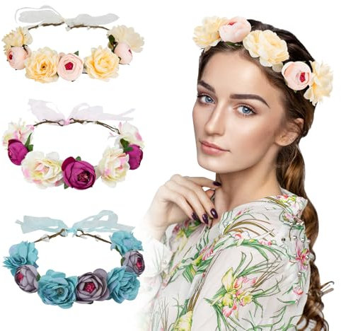 MOAMUN 3pcs Handgefertigte Blumen Stirnband Floral Krone, Braut Haar Kranz Hochzeit Halo Blumengirlande Stirnbänder Stirnband Mit Band Für Hochzeit Party Foto Requisiten