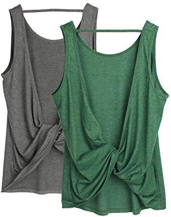 icyzone Damen Sport Tank Top Rückenfrei, Fitness Yoga Shirt Ärmellose Gym Sport Oberteil, 2er Pack (XL, Charcoal*/Army*)