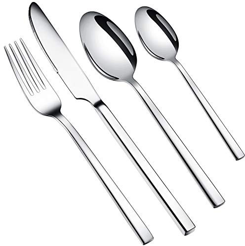 WUJO Ensembles de Couverts, de Table en Acier Inoxydable, y Compris Couteau/Fourchette/Fourchette à Dessert/Cuillère/Cuillère à Café, Poli Miroir, Lavable au Lave-Vaisselle (24pcs, WJ046)