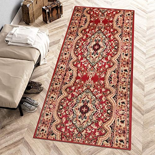 Carpeto Läufer Flur 100x800cm Rot Orientalisch Traditionell Weich Kurzflor | Teppichläufer für Küche Waschküche Schlafzimmer Pflegeleicht Tierfreundlich Allergikerfreundlich Lang Verkauf pro Meter