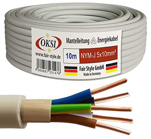 OKSI 10m NYM-J 5x10 mm² Mantelleitung Feuchtraumkabel Elektrokabel Kupfer Made in Germany