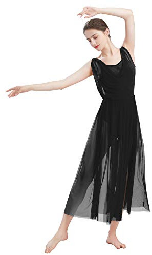FYMNSI Damen Lyrisch Tanz Kleid Ärmellos Rückenfrei Schlitz Tüll Maxikleid Lyrische Modern Contemporary Tanzkostüm Trikot Latein Ballett Tüllkleider Ballettanzug Schwarz XS