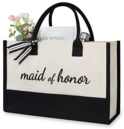 TOPDesign Canvas-Tragetasche, Brautparty, Geschenke für Braut, Hochzeit, Junggesellinnenabschied, Brautgeschenk, Schultertasche, Schwarz und Weiß, 17 x 11.8 x 7.8