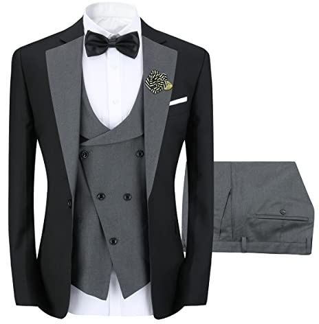 Sliktaa Men Three Piece Wedding Suit One Button Slim Fit Formal Set,Grey,L