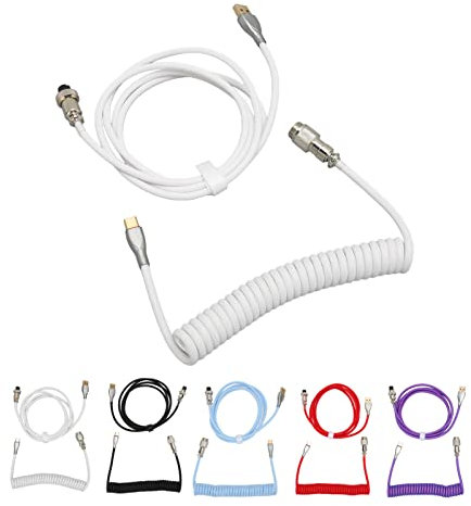 GOWENIC Mechanical Keyboard Aerial Connection Cable for Gaming Keyboards, Custom Coiled USB C Cable, Dual Sleeve Mechanical Keyboard Cable with Removable Metal Pilot USB C to USB A(White)