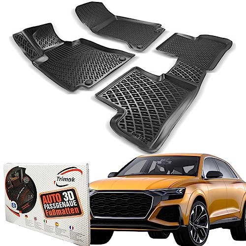 Trimak Passgenau 3D Fussmatten Auto Kompatibel mit Audi Q8 ab 2018 Auto Zubehör 1. Und 2. Reihe Gummimatten Autos TPE Allwetter Geruchlos rutschfest Vorne und Hinten Schwartz