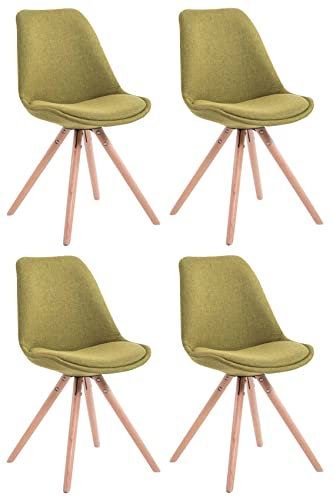 CLP 4er Set Retro-Stühle Toulouse Rund Mit Stoffbezug Und Sitzpolster I Lehnstühle Mit Stabilem Holzgestell, Farbe:grün, Gestell Farbe:Natur