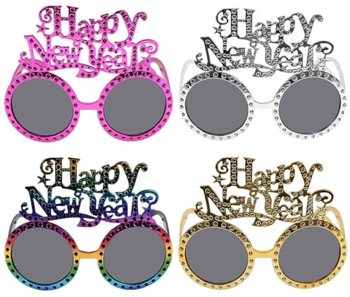 Silvester Deko, 4 Stück Happy New Year-Glitzer-Partybrillen, Lustige Party Brille, Silvester Party-New Year Decoration-Brille für Silvester-Party-Zubehör, Silvester Foto Requisiten, Party-Geschenke