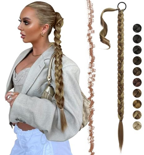 FESHFEN Braid Extensions Pferdeschwanz Verlängerung mit Haargummi, 65 cm Lang Ponytail Geflochten Kunsthaar Haarverlängerung Zopf Haarteil für Damen, Rotbraun Mix Aschblond