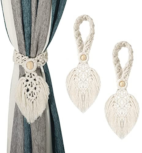 Raffhalter für Vorhänge Baumwollseil Gardinenhalter Boho Vorhang Raffhalter Gewebte Vorhangseil Gardinen Deko für Zuhause, Büro, Hotel 2 Stück (Beige)