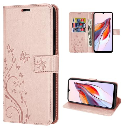 betterfon Hülle Kompatibel mit Xiaomi Redmi 12C | Premium PU Leder Handyhülle Wallet Case für Redmi 12C | Schutzhülle Blumen Klapphülle Handyhülle | Rosegold