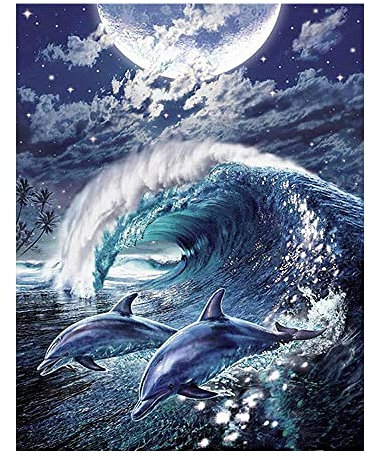DCIDBEI Square Diamond Painting Delfine 40x50 cm Diamant Painting Viereckigen Steinen Delfin Diamant Malerei Malen nach Zahlen Mond Square Diamond Painting Landschaft am Meer Kreuzstich Landschaft