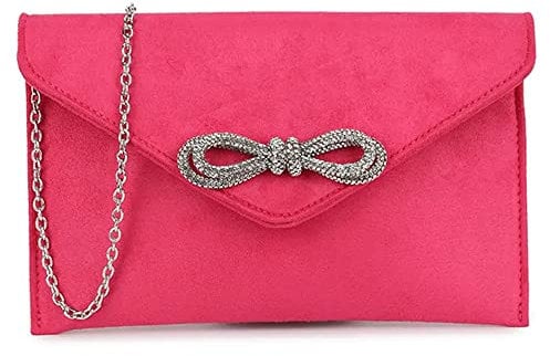 UShopUK Diamante Bow Suede Envelop Style Bridal Prom Wedding Evening Clutch Party Purse Hand Bag (Fuchsia Pink)