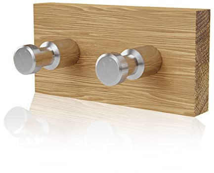 Heimatspäne Handtuchhalter selbstklebend aus echtem Eichenholz mit Edelstahlhaken [ohne Bohren] – Als Wandhaken oder Garderobenhaken [Doppelt]