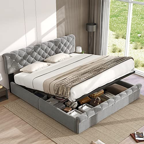Moimhear Doppelbett 180 x 200cm, Polsterbett, Hydraulisches Funktionsbett, Samt, Continentalbett, Kristall Schnalle, Höhenverstellbares Kopfteil, Grau (180x200cm)