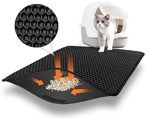 AJOXEL Cat Litter Mat, 60 x 45 cm Big Litter tray Mat, Double Layer Waterproof Cat Litter Mat Litter Trapping Mat, Honeycomb Design Cat Litter Tray Mat Non-Toxic Nonslip Black
