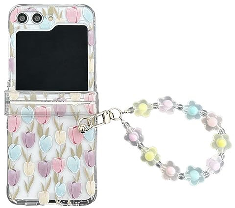 eglixu Graziosa custodia trasparente per Samsung Galaxy Z Flip 5, bel design con catena da polso antiurto Galaxy Z Flip 5 custodia protettiva (tulipano)