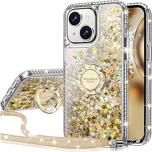 Miss Arts for iPhone 13 Case, [Silverback] Liquid Holographic Sparkly Glitter Case with Kickstand, Bling Diamond Ring Stand Slim Protective Case for Girls Women for iPhone 13 6.1 inch -Clear Gold