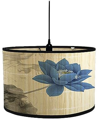 Morbuy Abat-Jour en Bambou - Motif Fleur de Lotus Style Vintage, Diamètre 30cm - Lampe Tambour pour Table ou Sur Pied - Décoration (Pétales Bleus)