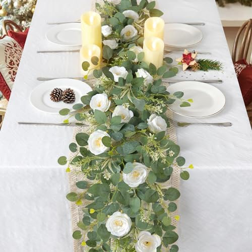 UXORSN 2 Stück Blumengirlande Künstliche Weiß Seide Rose Girlande Gefälschte Hängende Efeu Schleierkraut Künstlich Eucalyptus Garland Frühlingsdeko Pflanze für Hintergrund Tisch Hochzeit Party Dekor