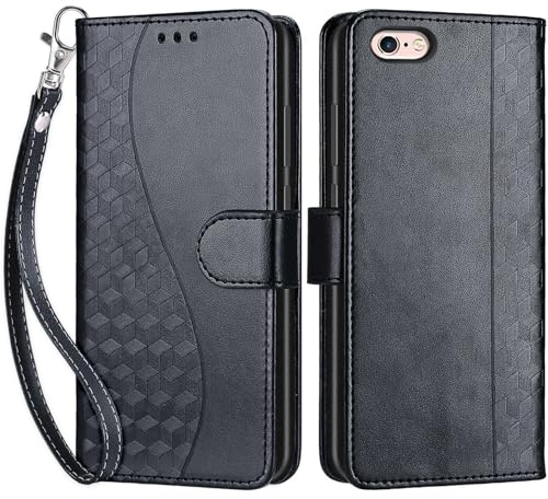SIENIANLINE Handyhülle für iPhone 6 / iPhone 6s Hülle Würfel - Schwarz | 3 Kartenfächer & 1 Geldfach, Magnetverschluss, Ständerfunktion, robuste premium PU leder klapphülle für iPhone 6 / 6s