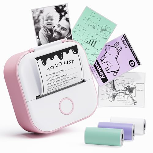 T02 Mini Printer, Bluetooth Sticker Printer, Mini Thermal Printer, Compatible with Android, iOS, iPad, Suitable for printing to-do lists, study and work aids, memos, greeting cards,3 Rolls,Pink