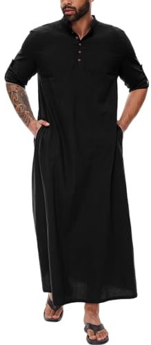 YAOHUOLE Herren Kaftan Lang Leinen Thobe Herren Langarm Mens Kaftan Thobe Herren Sommer Schwarz L